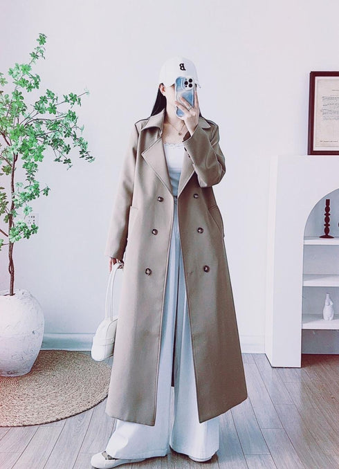 Button Down Double Breasted Long Trench Coat